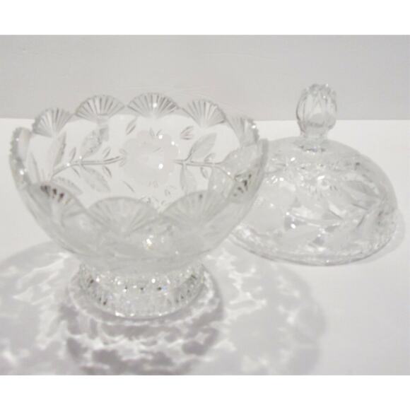 VTG Crystal CANDY DISH Box + Lid Rests Inside Fan Scalloped Edges Rose Cut Glass - Picture 3 of 6